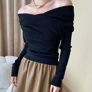 Commense Off Shoulder Wrap Long Sleeve Knit Top